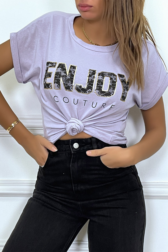 ENJOY lilac t-shirt with cuffed sleeves and loose fit. Women's fashion t-shirt - 3