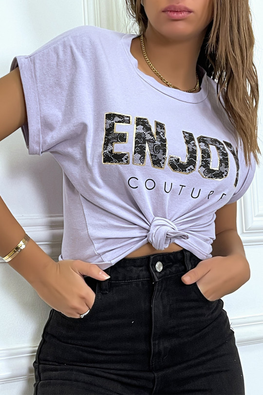 ENJOY lilac t-shirt with cuffed sleeves and loose fit. Women's fashion t-shirt - 4