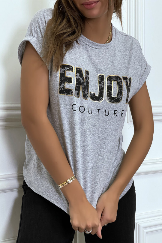 T-shirt gris ENJOY avec manches revers et coupe loose. T-shirt femme fashion - 1