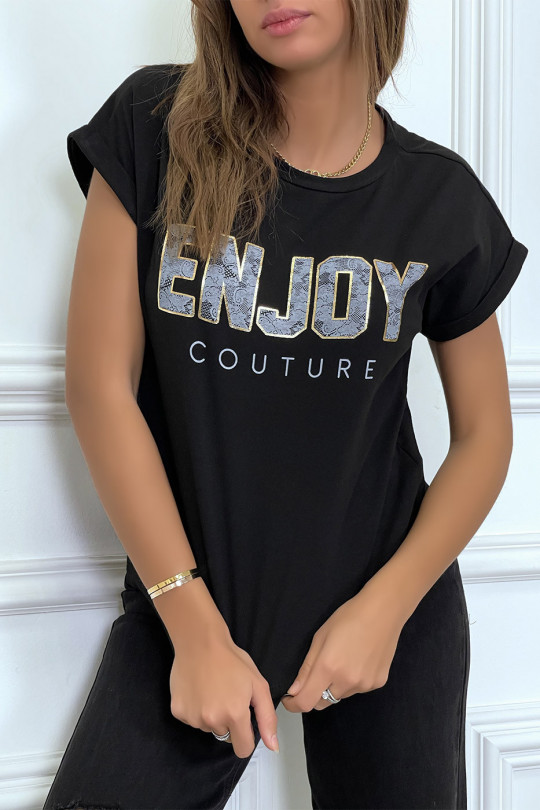 ENJOY black t-shirt with cuffed sleeves and loose fit. Women's fashion t-shirt - 1