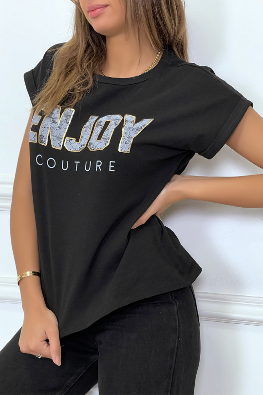 ENJOY black t-shirt with cuffed sleeves and loose fit. Women's fashion t-shirt - 2