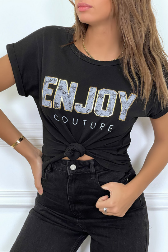 ENJOY black t-shirt with cuffed sleeves and loose fit. Women's fashion t-shirt - 4