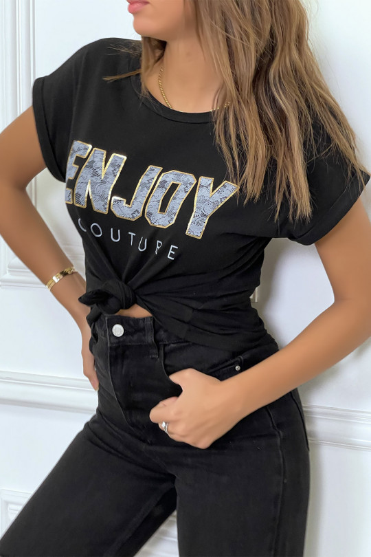 ENJOY black t-shirt with cuffed sleeves and loose fit. Women's fashion t-shirt - 5