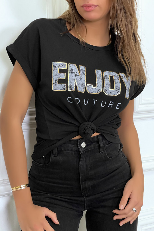 ENJOY black t-shirt with cuffed sleeves and loose fit. Women's fashion t-shirt - 6