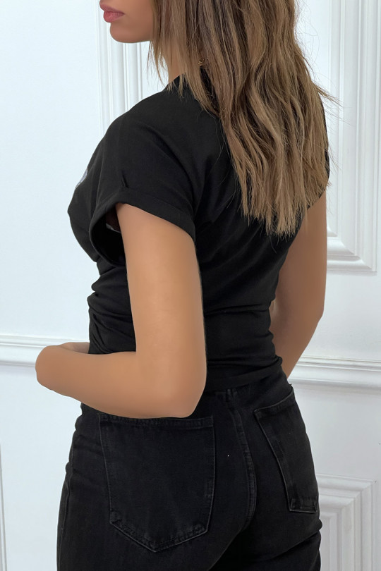 T-shirt noir ENJOY avec manches revers et coupe loose. T-shirt femme fashion - 7
