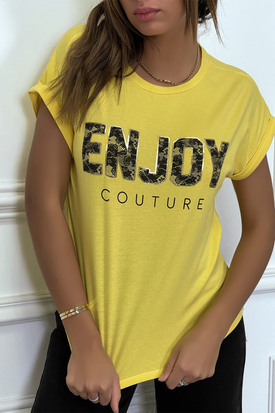ENJOY yellow t-shirt with cuffed sleeves and loose fit. Fashionable women's t-shirt - 1