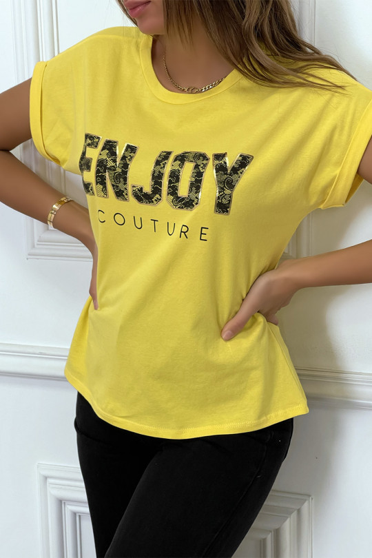 ENJOY yellow t-shirt with cuffed sleeves and loose fit. Fashionable women's t-shirt - 3
