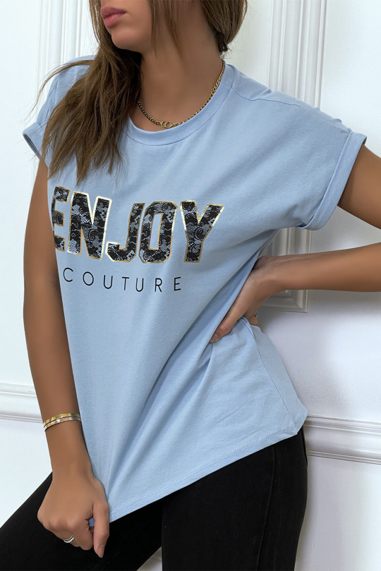 T-shirt turquoise ENJOY avec manches revers et coupe loose. T-shirt femme fashion - 2