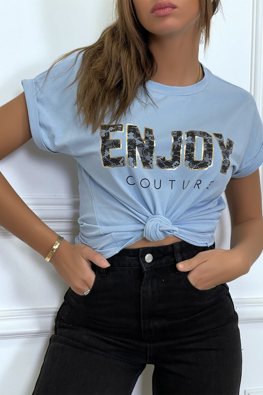 T-shirt turquoise ENJOY avec manches revers et coupe loose. T-shirt femme fashion - 3