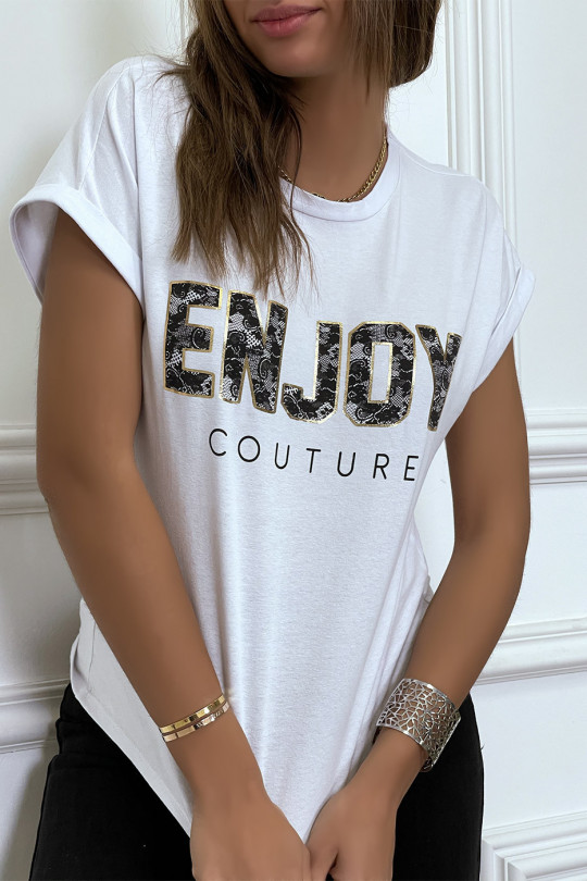 T-shirt blanc ENJOY avec manches revers et coupe loose. T-shirt femme fashion - 1
