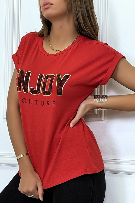 T-shirt rouge ENJOY avec manches revers et coupe loose. T-shirt femme fashion - 1
