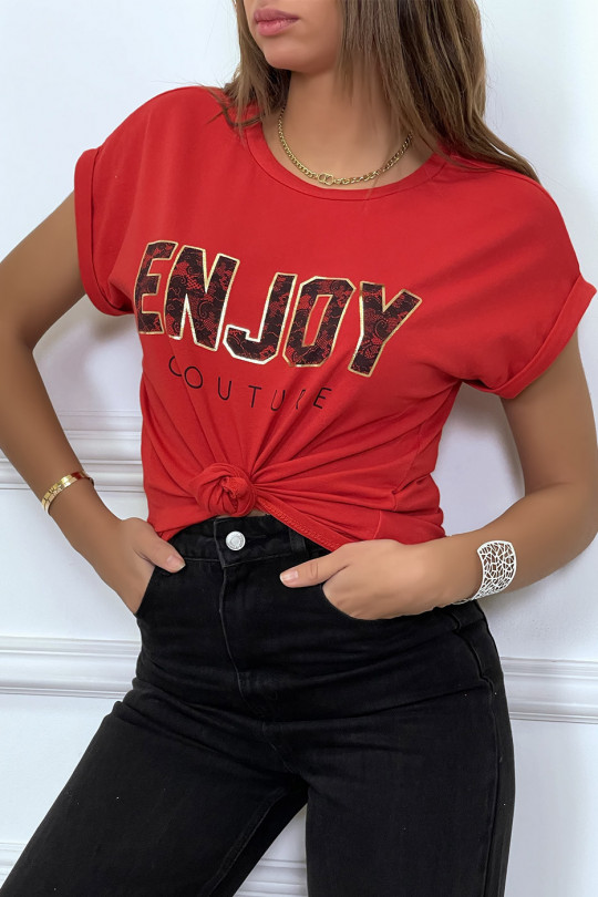 T-shirt rouge ENJOY avec manches revers et coupe loose. T-shirt femme fashion - 3