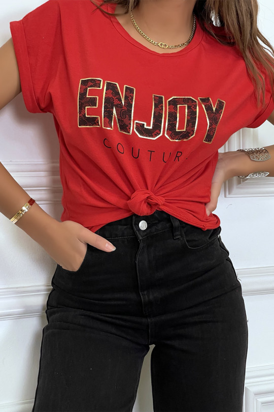 T-shirt rouge ENJOY avec manches revers et coupe loose. T-shirt femme fashion - 4