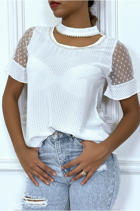 Blouse blanche à carreaux avec encolure perlé - 2