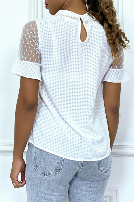 Blouse blanche à carreaux avec encolure perlé - 4