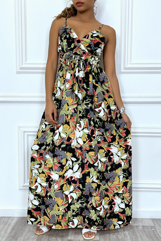 Long black wrap dress with thin straps and tropical print - 1