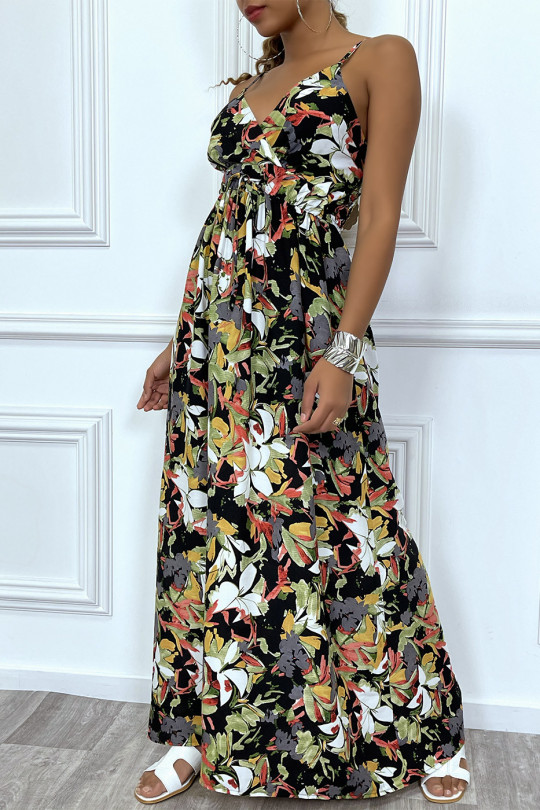Long black wrap dress with thin straps and tropical print - 2