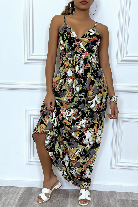 Long black wrap dress with thin straps and tropical print - 3