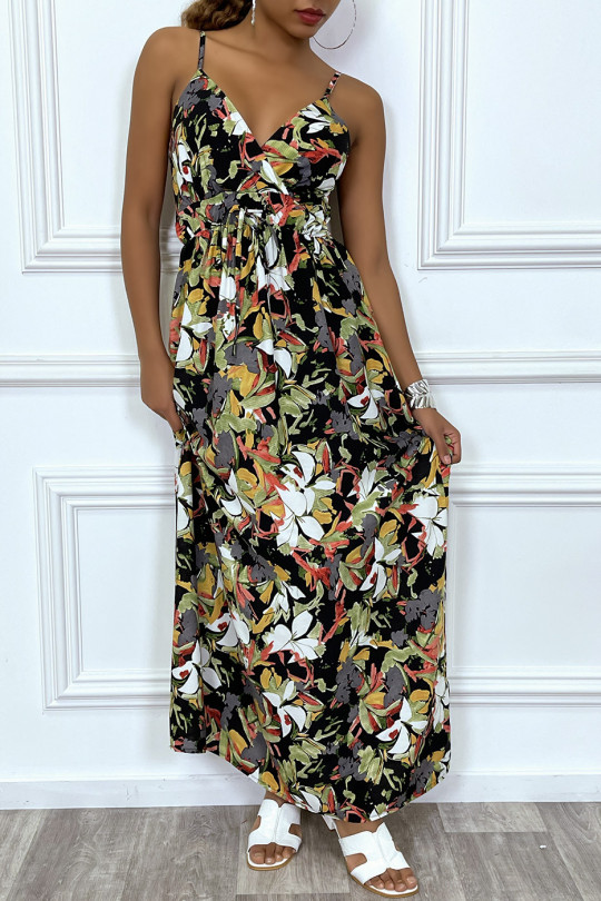 Long black wrap dress with thin straps and tropical print - 4