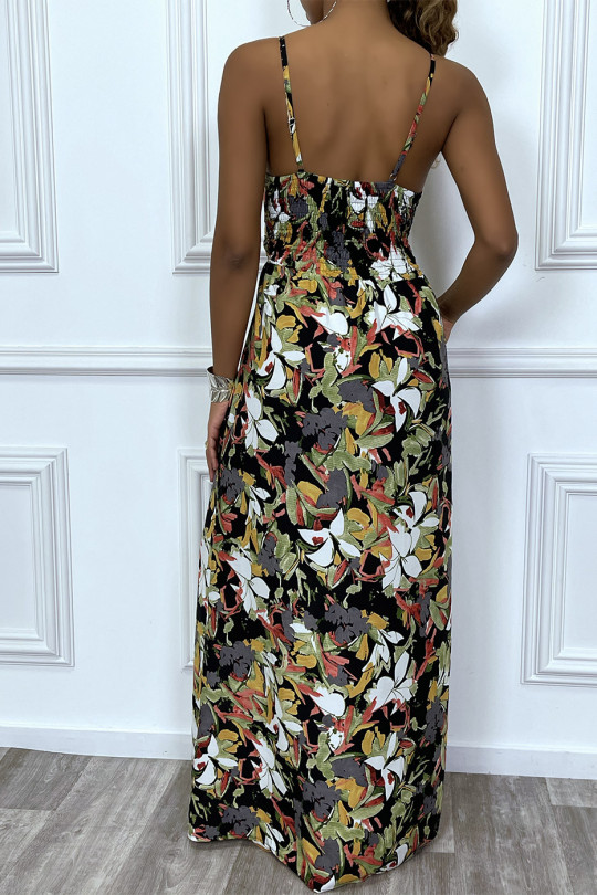 Long black wrap dress with thin straps and tropical print - 5