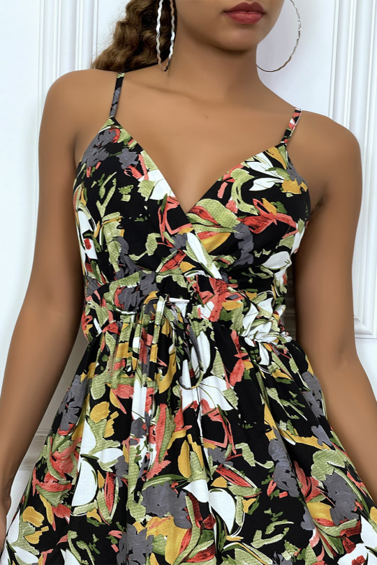 Long black wrap dress with thin straps and tropical print - 6