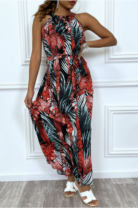 Long dress with round neck and red tropical print - 3