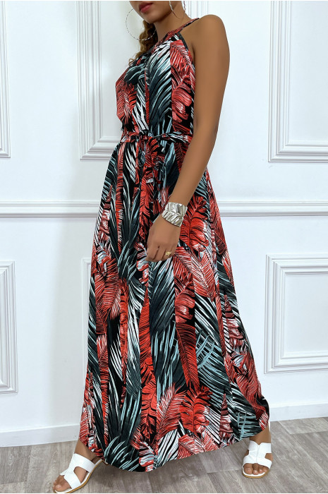 Long dress with round neck and red tropical print - 6