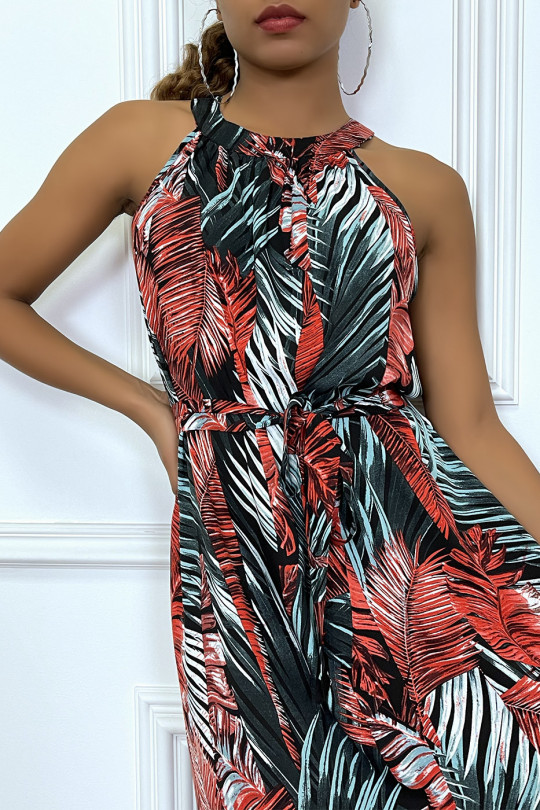 Long dress with round neck and red tropical print - 8
