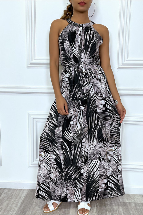 Robe longue à col rond et imprimé tropical noir - 1