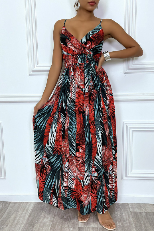 Robe longue à motif palmier rouge. Magnifique robe d'été cintrée avec décolleté croisé - 1