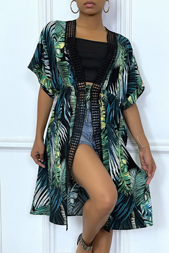 Mid-length green kimono with lace trims and palm tree pattern - 7