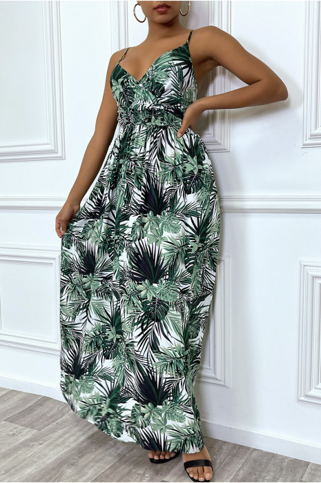 Longue robe d'été blanc et noir à imprimé tropical et cintrée à la taille. - 3