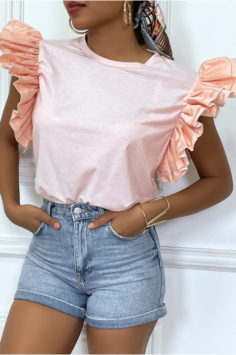 Pink voluminous sleeve t-shirt with very glamorous ruffles. - 1