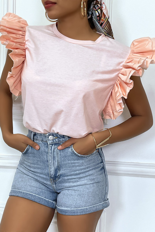 Pink voluminous sleeve t-shirt with very glamorous ruffles. - 1