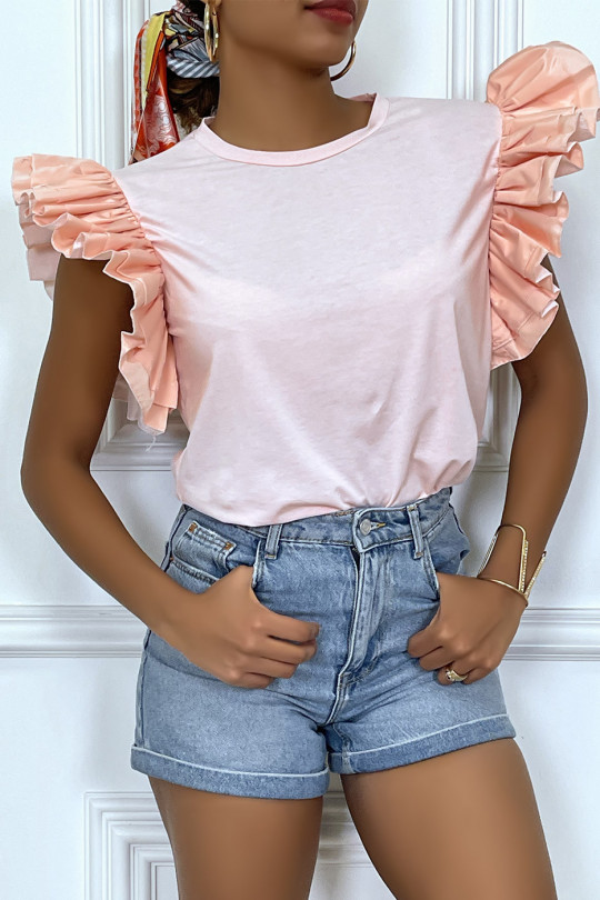 Pink voluminous sleeve t-shirt with very glamorous ruffles. - 2