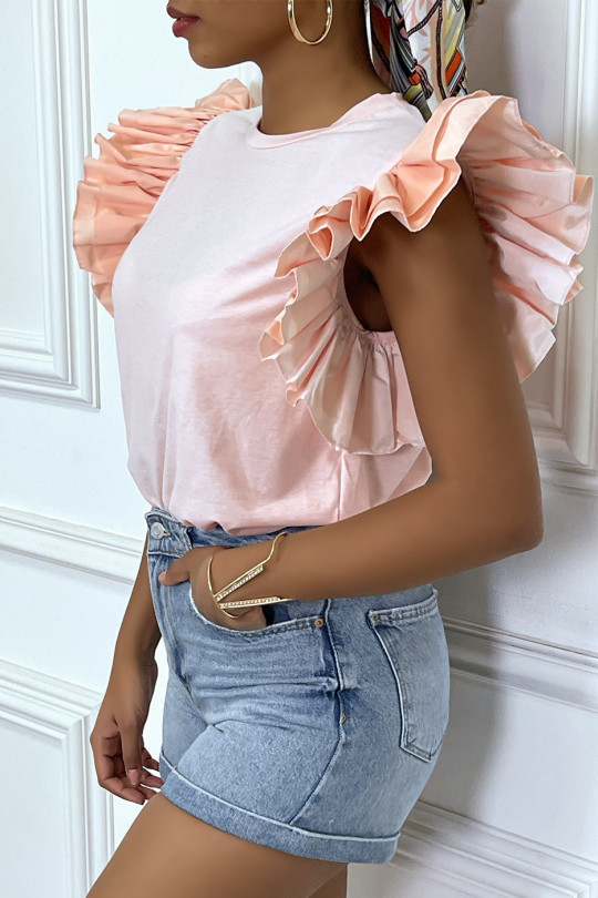 Pink voluminous sleeve t-shirt with very glamorous ruffles. - 3
