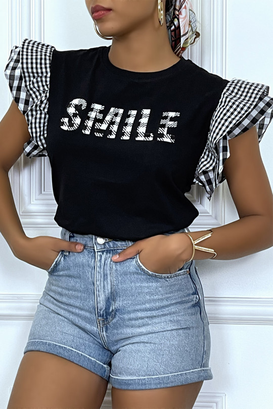 T-shirt col rond à manches volants motif vichy et écriture "Smile" - 1