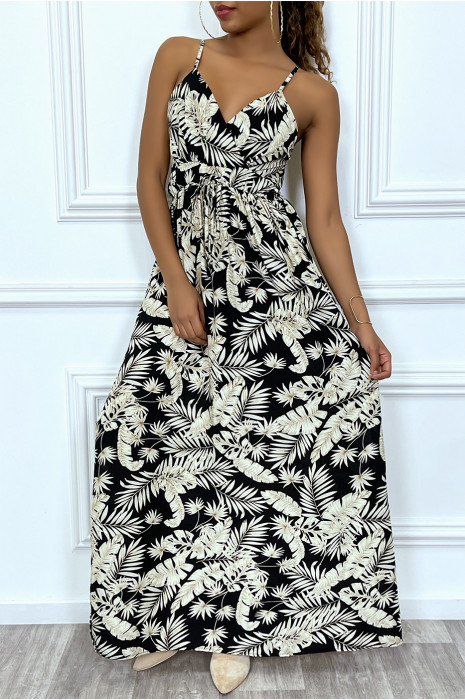 Robe noir longue cinturée avec motif tropical beige - 6