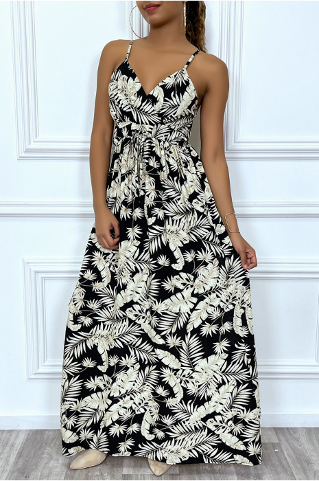 Robe noir longue cinturée avec motif tropical beige - 7