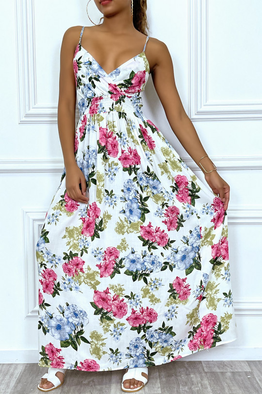 Long elastic white summer dress with colorful flowers - 1