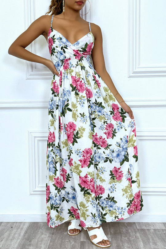 Longue robe d'été blanche élastique à fleurs colorées - 2