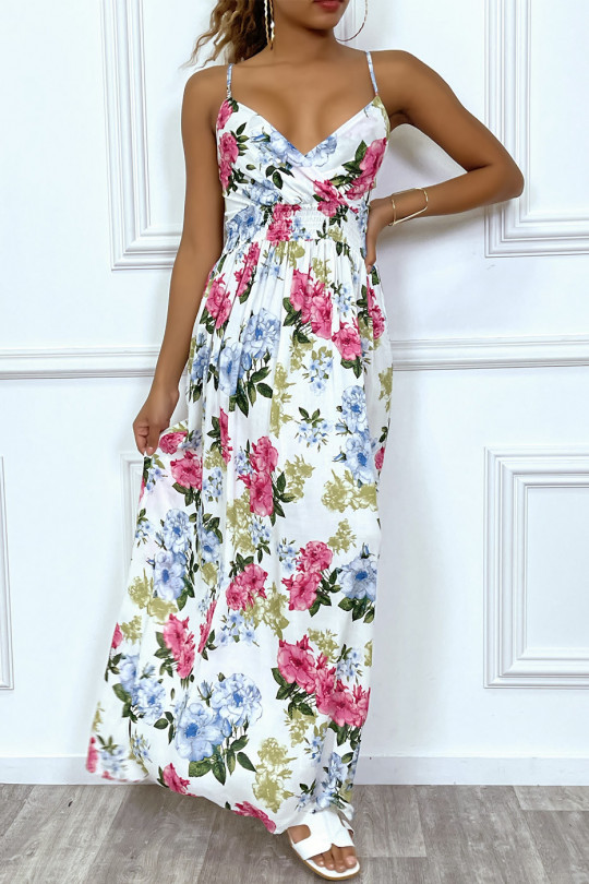 Long elastic white summer dress with colorful flowers - 3