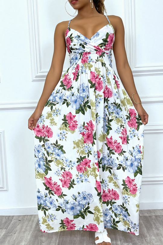 Long elastic white summer dress with colorful flowers - 5