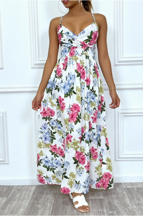 Long elastic white summer dress with colorful flowers - 6