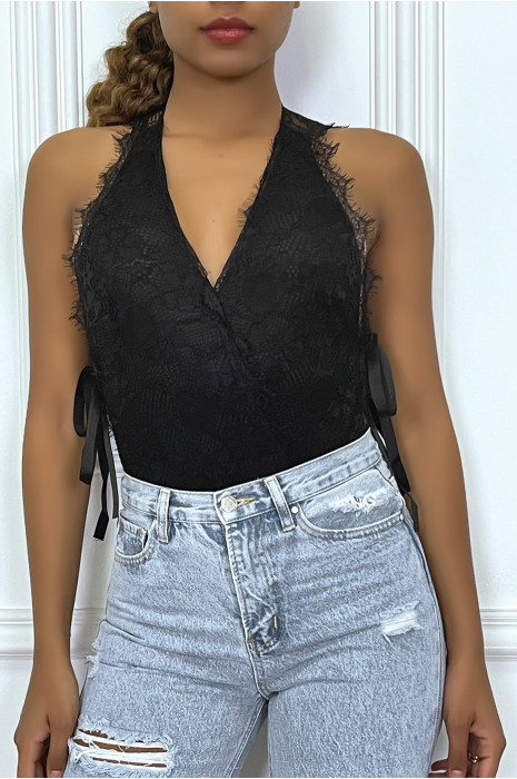 Zwarte bodysuit met overslag van kant en lint - 2