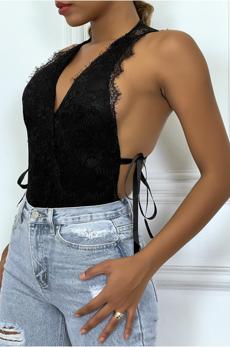 Zwarte bodysuit met overslag van kant en lint - 3