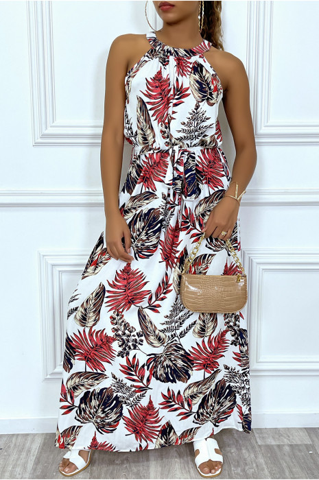 Robe blanche fluide col ras-du-cou / nageur à motifs feuilles et ceinture à la taille - 2