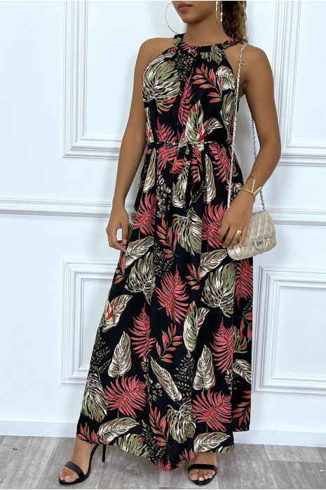 Fluid black dress with crew neck / swimmer with leaf patterns and belt at the waist - 1