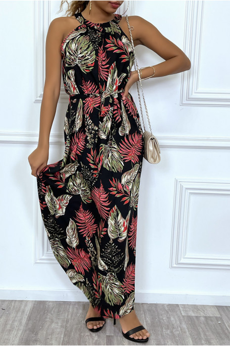 Robe noir fluide col ras-du-cou / nageur à motifs feuilles et ceinture à la taille - 2