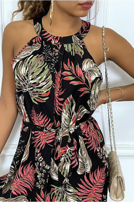 Fluid black dress with crew neck / swimmer with leaf patterns and belt at the waist - 7